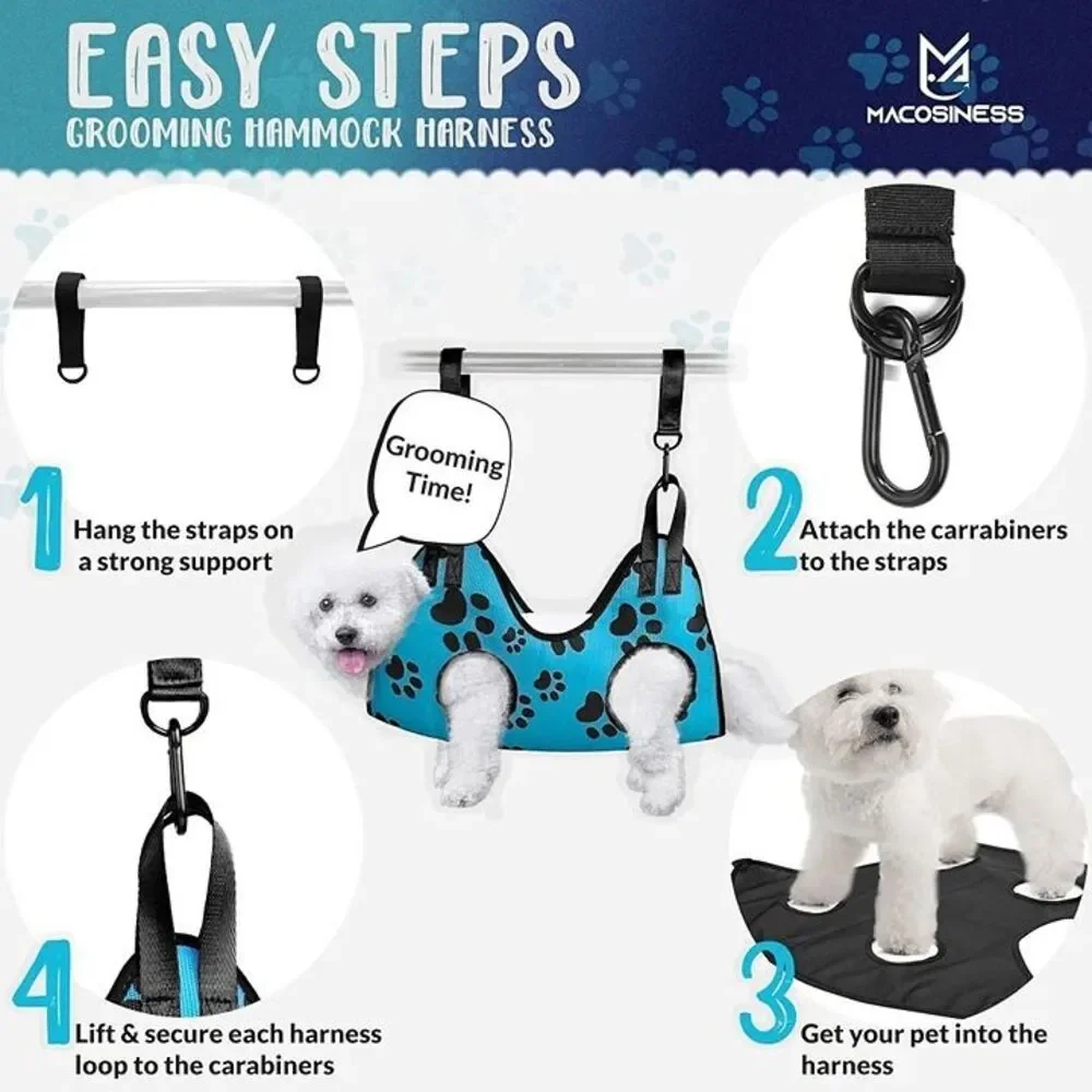 Dog Pet Grooming Hammock Harness Blue w Black Paw Print